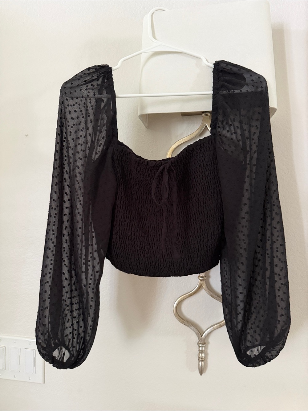 Black Sheer Puff Sleeve Smocked Crop Top